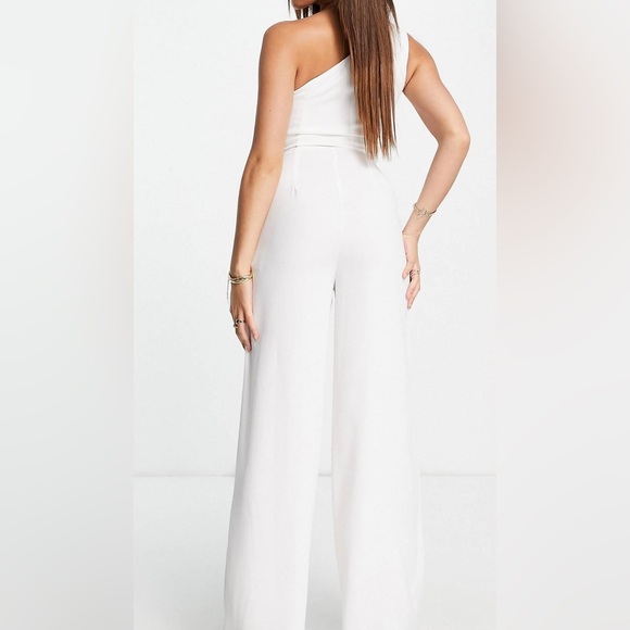 AQAQ Pants - AQAQ Bridal one shoulder wide leg jumpsuit in white
